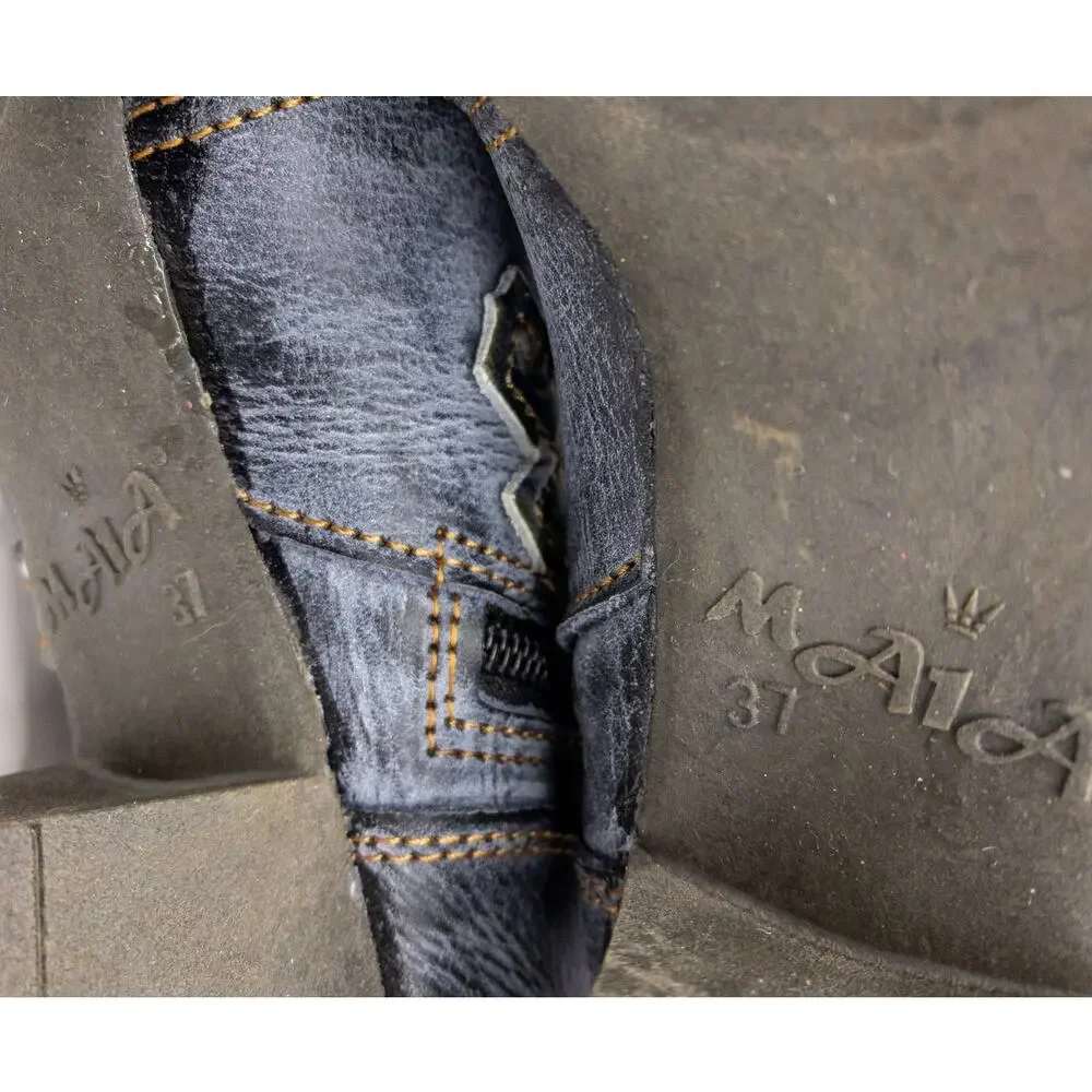 TMA EYES Distressed Boho Newsprint Layered Leather Heeled Ankle Boots 7 Women's